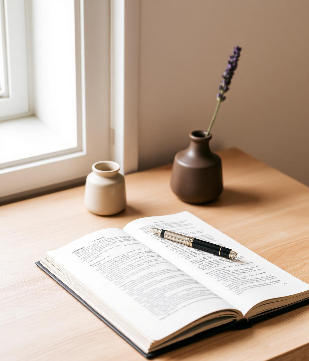Journal, pen and a lavender sprig on a sunlit desk